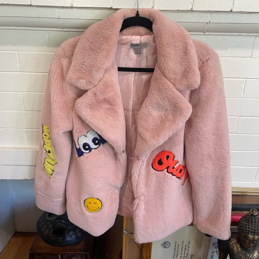 Soft Cozy Pink Faux Fur Jacket with Patches